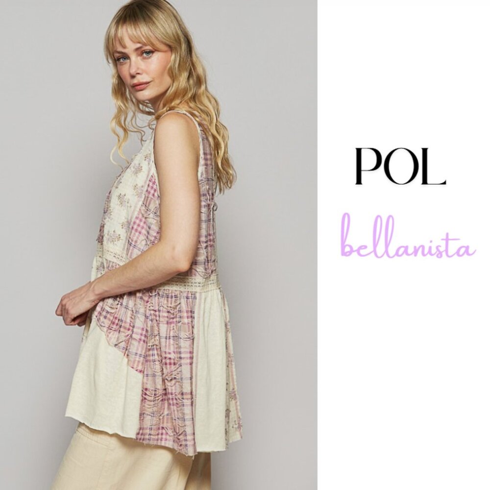 T467 POL Lavender Cream Floral Plaid Long Tunic Top - Picture 4 of 5